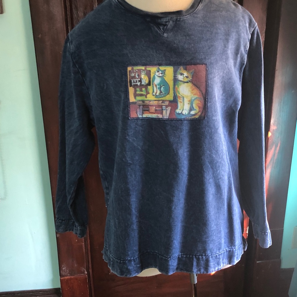 Cat art sweatshirt M/denim blue by Michael Leu/Art Apparel Group/ made in USA
